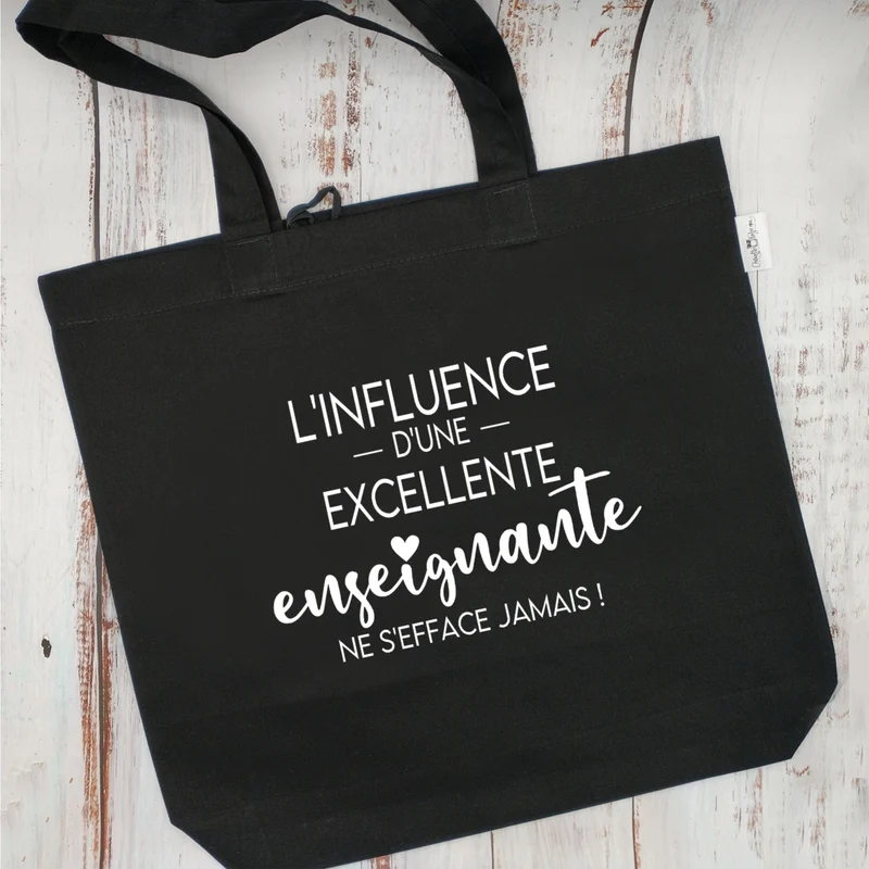 (CHOIX COULEURS & PROFESSION) Sac d'épicerie / Sac fourre-tout réutilisable et lavable - L'influence d'une EXCELLENTE ENSEIGNANTE ne s'efface jamais ! - (Qui se roule pour le rangement) - v1