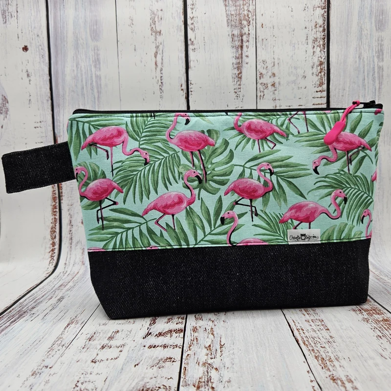 Trousse de voyage - Sac à cosmétiques/maquillage - Étui à crayons - Flamants roses - Feuillages vert sur fond menthe