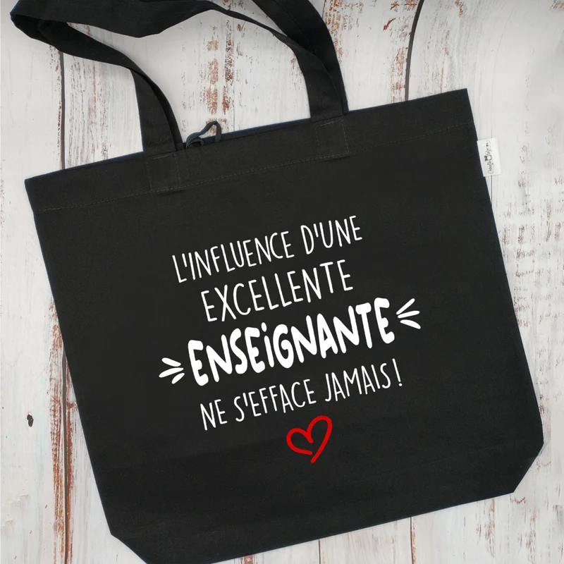 (CHOIX COULEURS & PROFESSION) Sac d'épicerie / Sac fourre-tout réutilisable et lavable - L'influence d'une EXCELLENTE ENSEIGNANTE ne s'efface jamais ! - (Qui se roule pour le rangement) - v8