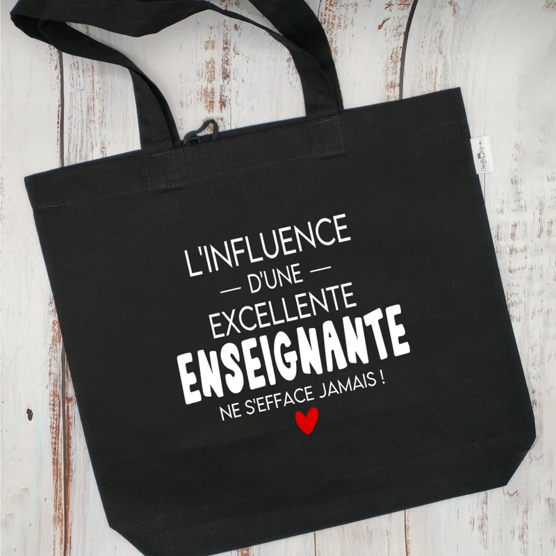 (CHOIX COULEURS & PROFESSION) Sac d'épicerie / Sac fourre-tout réutilisable et lavable - L'influence d'une EXCELLENTE ENSEIGNANTE ne s'efface jamais ! - (Qui se roule pour le rangement) - v7