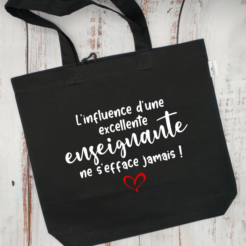 (CHOIX COULEURS & PROFESSION) Sac d'épicerie / Sac fourre-tout réutilisable et lavable - L'influence d'une EXCELLENTE ENSEIGNANTE ne s'efface jamais ! - (Qui se roule pour le rangement) - v6