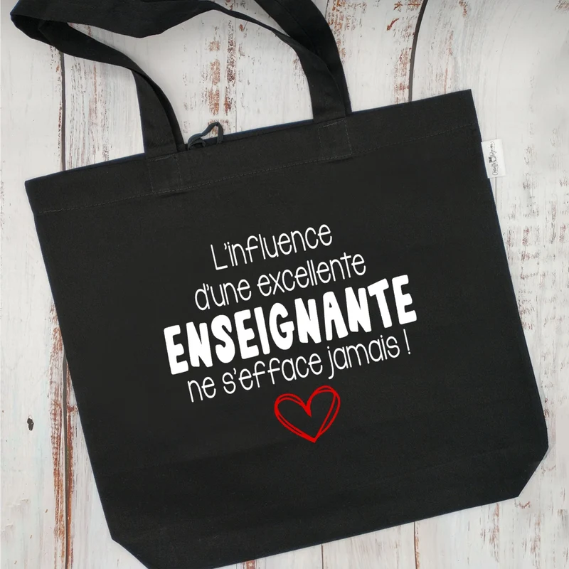 (CHOIX COULEURS & PROFESSION) Sac d'épicerie / Sac fourre-tout réutilisable et lavable - L'influence d'une EXCELLENTE ENSEIGNANTE ne s'efface jamais ! - (Qui se roule pour le rangement) - v5