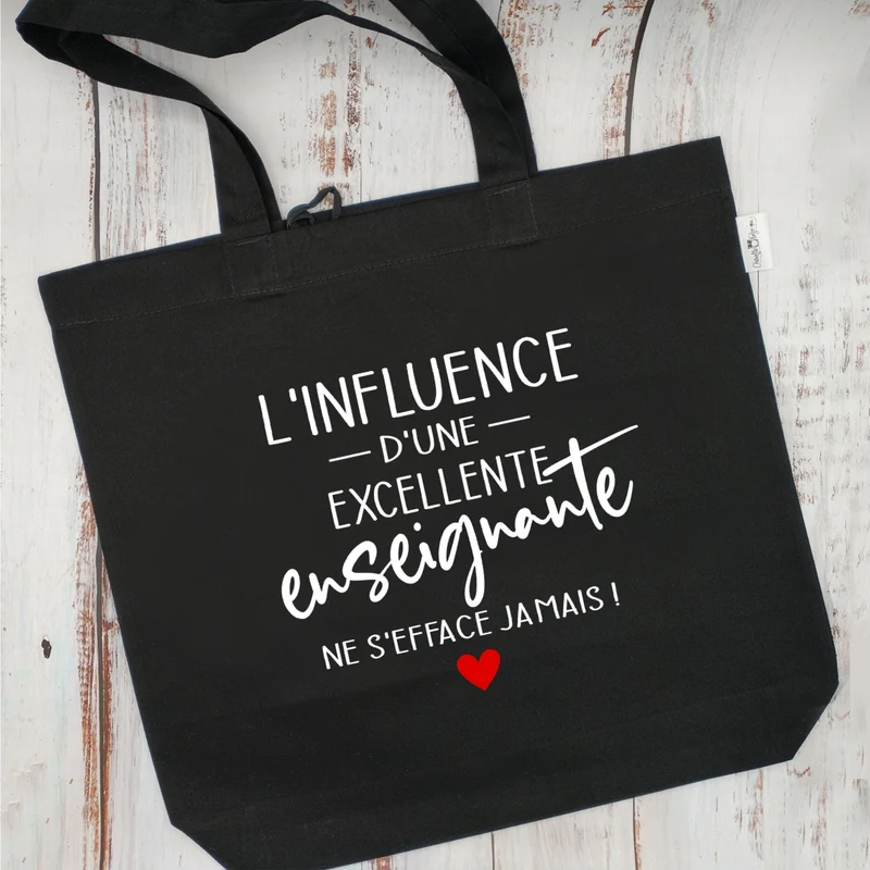 (CHOIX COULEURS & PROFESSION) Sac d'épicerie / Sac fourre-tout réutilisable et lavable - L'influence d'une EXCELLENTE ENSEIGNANTE ne s'efface jamais ! - (Qui se roule pour le rangement) - v4
