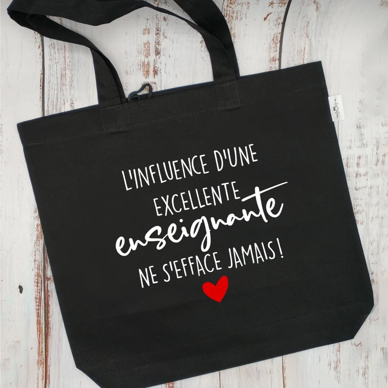 (CHOIX COULEURS & PROFESSION) Sac d'épicerie / Sac fourre-tout réutilisable et lavable - L'influence d'une EXCELLENTE ENSEIGNANTE ne s'efface jamais ! - (Qui se roule pour le rangement) - v3