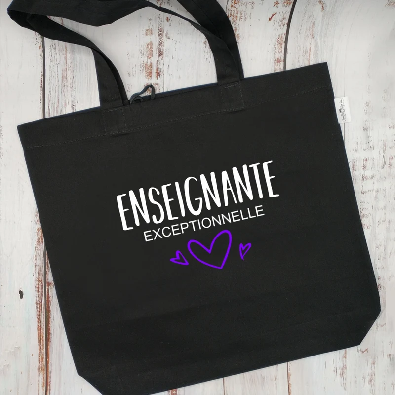 (CHOIX COULEURS & PROFESSION) Sac d'épicerie / Sac fourre-tout réutilisable et lavable - Enseignante (ou autre) exceptionnelle - (Qui se roule pour le rangement) - v5