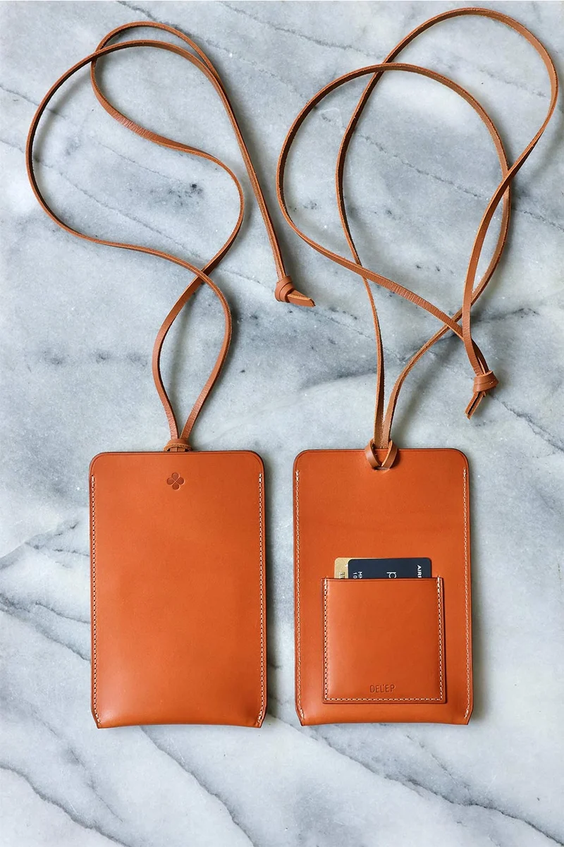 Pochette à téléphone avec porte-cartes cuir fauve