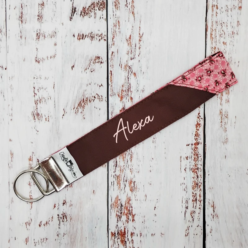 Porte-clé - PERSONNALISÉ - Dragonne - Poignet - Mini Fleurs Rose antique - Bande brune