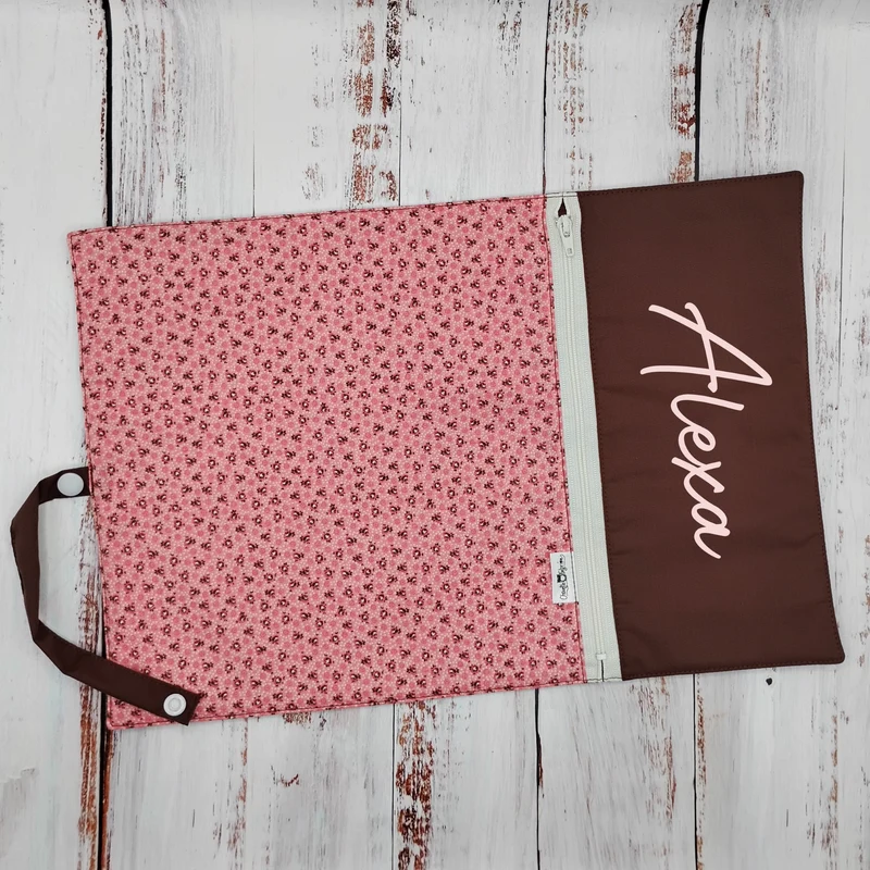 Napperon personnalise (Couleur d'impression au choix) - Mini Fleurs Rose antique - Pochette brune