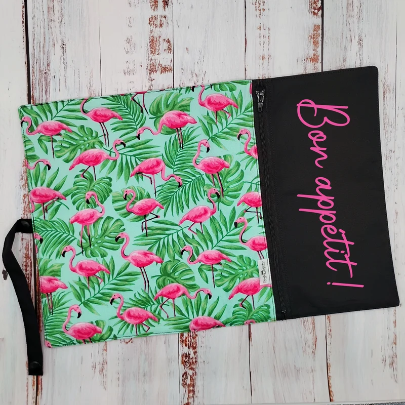 Napperon personnalise (Couleur d'impression au choix) - Flamants roses et feuillages verts - Pochette noire