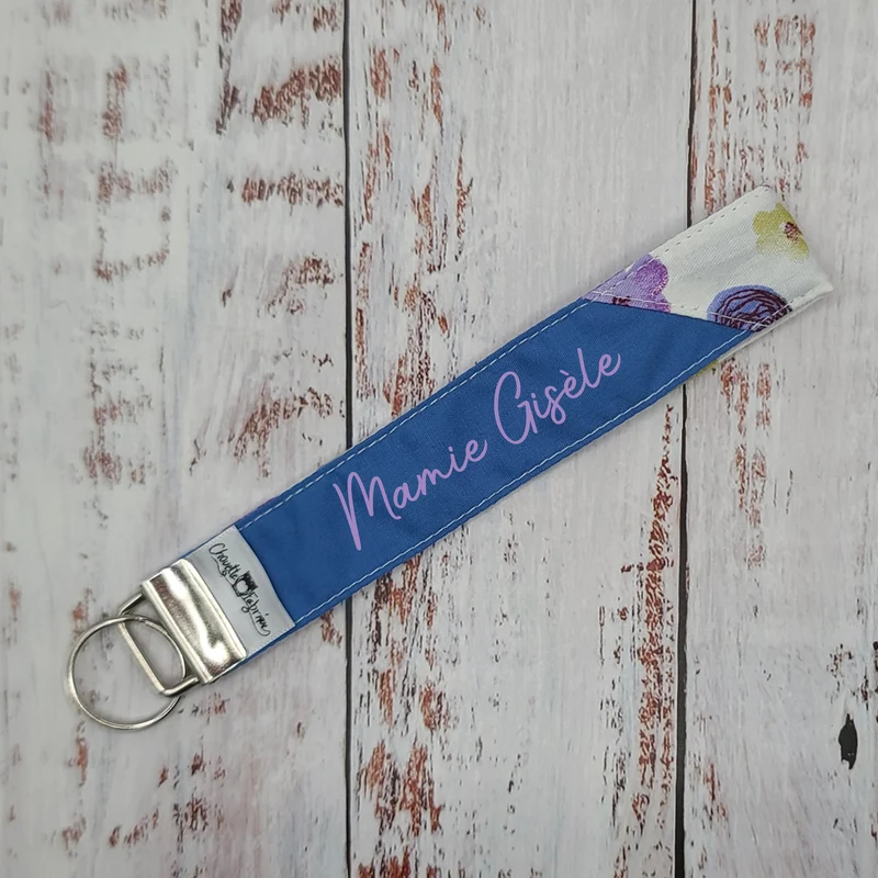 Porte-clé - PERSONNALISÉ - Dragonne - Poignet - Fleurs Lilas/Bleues/Violet/Olive - Bande bleue