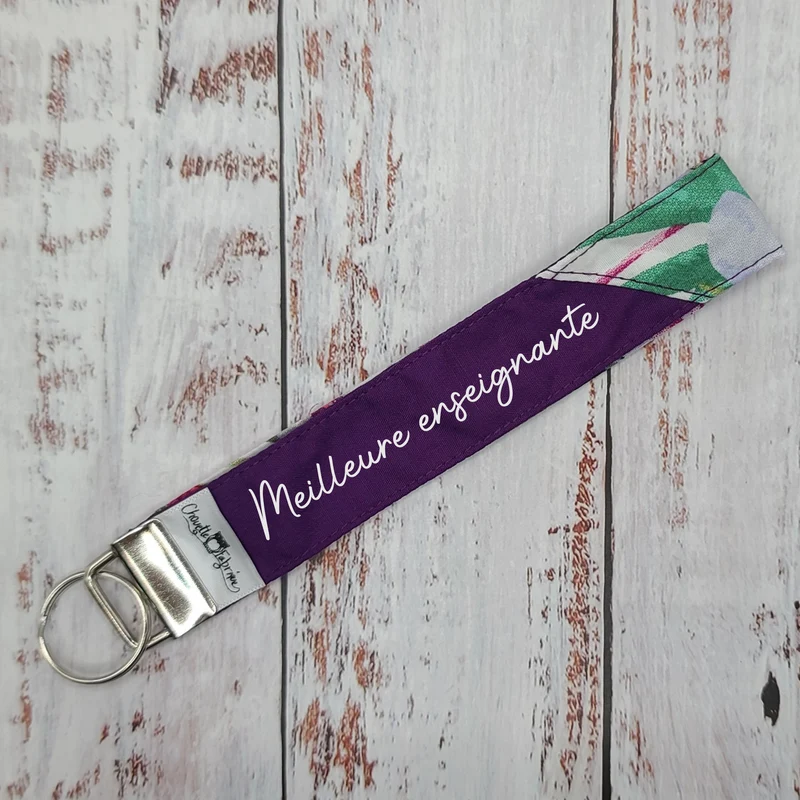 Porte-clé - PERSONNALISÉ - Dragonne - Poignet - Fleurs & Flamants - Bande violet