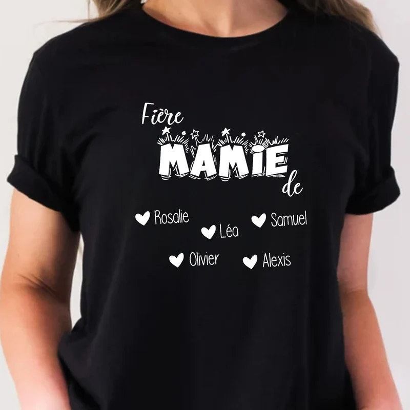 T-shirt unisexe à col rond - MAMIE - Fière mamie de "NOMS" - V1