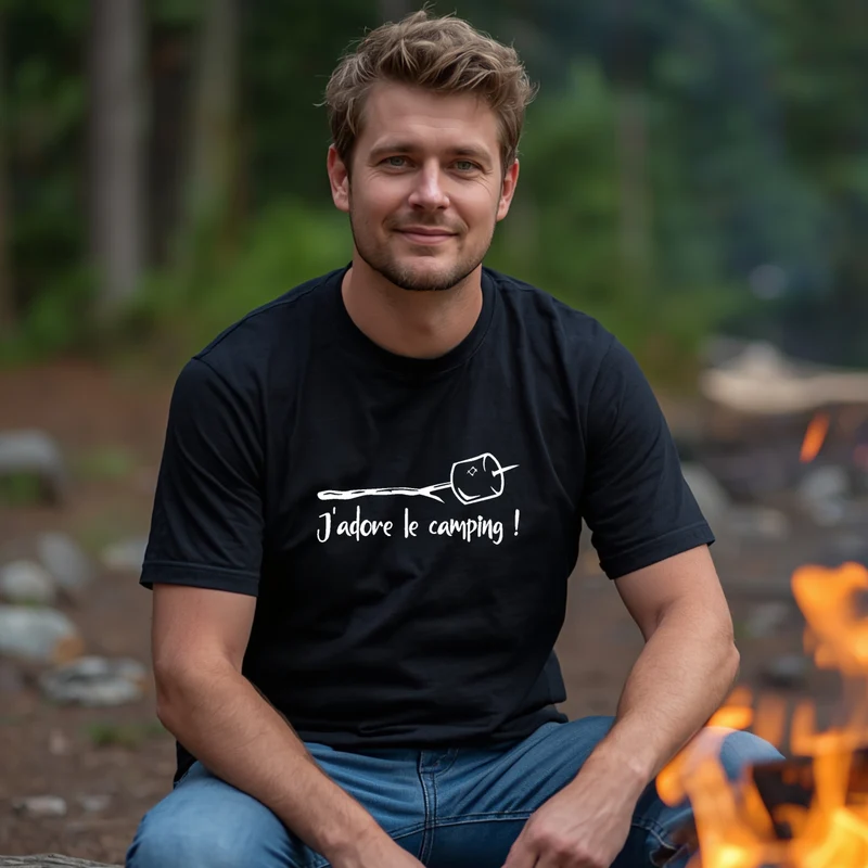 T-shirt HOMME à col rond - CAMPING - J'adore le camping - Guimauve - V6