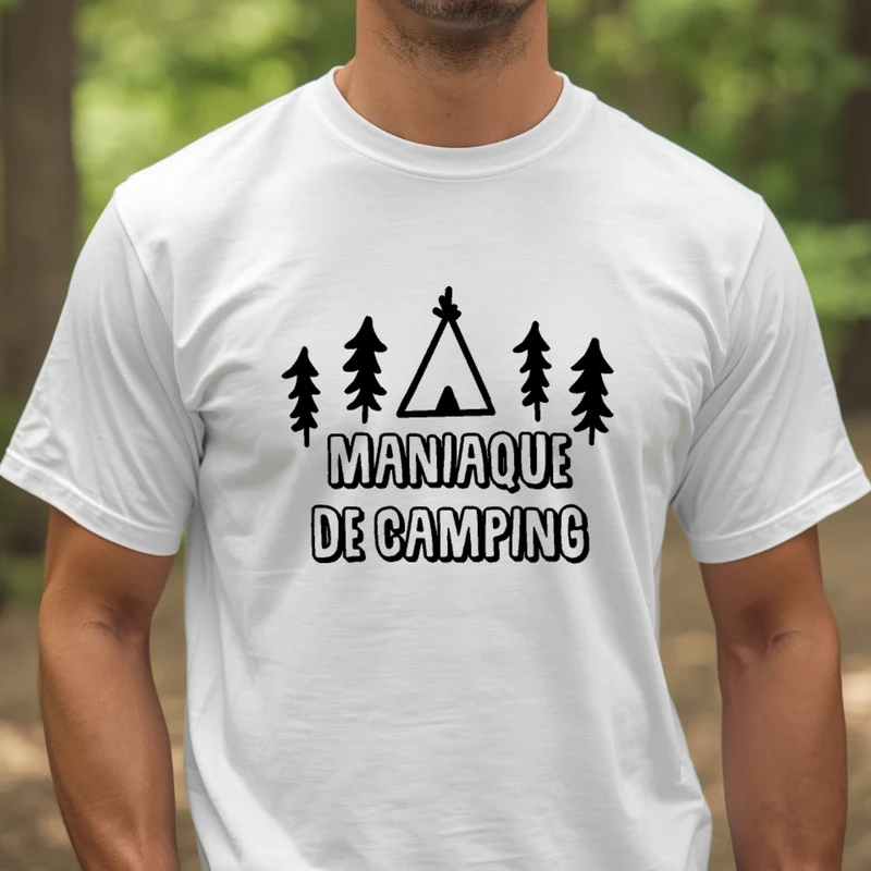 T-shirt HOMME à col rond - CAMPING - Maniaque de camping - Sapins et tipi - V5