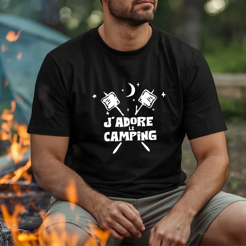 T-shirt HOMME à col rond - CAMPING - J'adore le camping - Guimauves et lune - V3