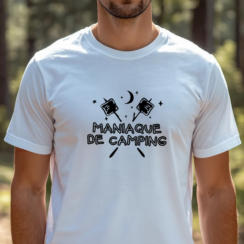 T-shirt HOMME à col rond - CAMPING - Maniaque de camping - Guimauves et lune - V4