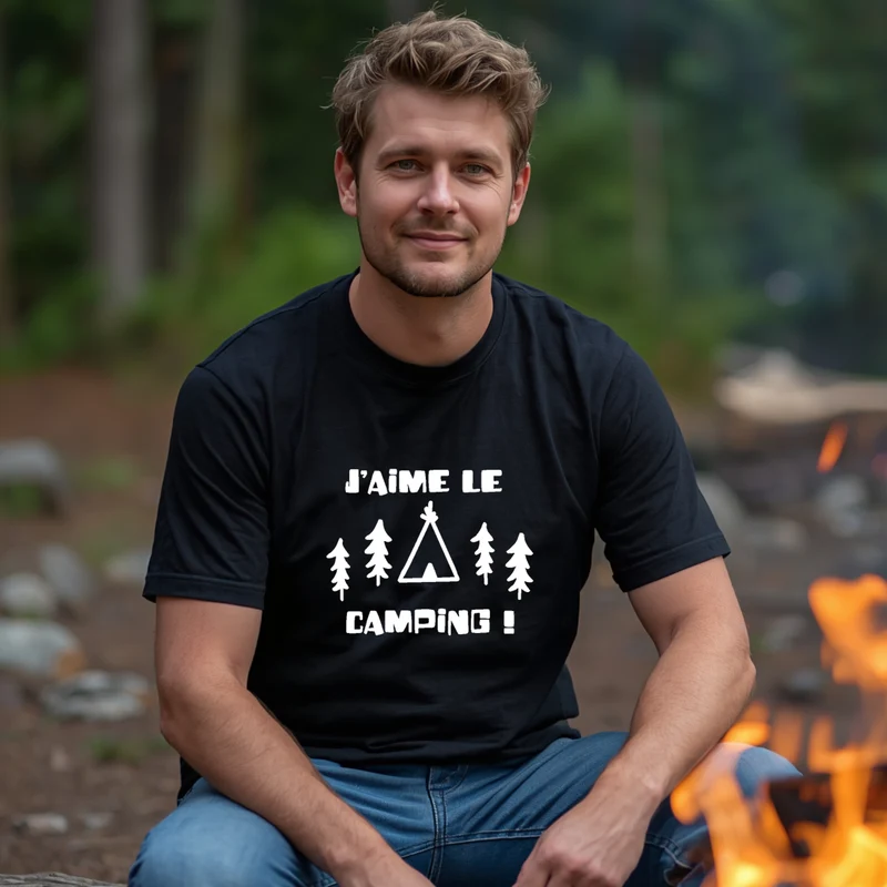 T-shirt HOMME à col rond - CAMPING - J'aime le camping - Sapins et tipi - V10