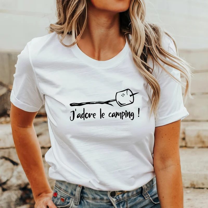 T-shirt unisexe à col rond - CAMPING - J'adore le camping -Guimauve - V6