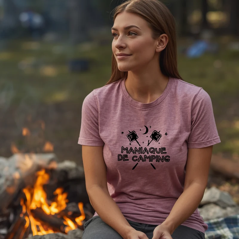 T-shirt unisexe à col rond - CAMPING - Maniaque de camping - Guimauves et lune - V4