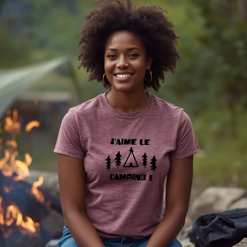 T-shirt unisexe à col rond - CAMPING - J'aime le camping - Sapins et tipi - V10