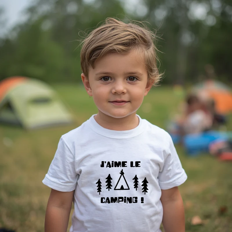 T-shirt - ENFANTS (gr. 2T à XL) - Col rond - J'aime le camping - Sapins et tipi - V10