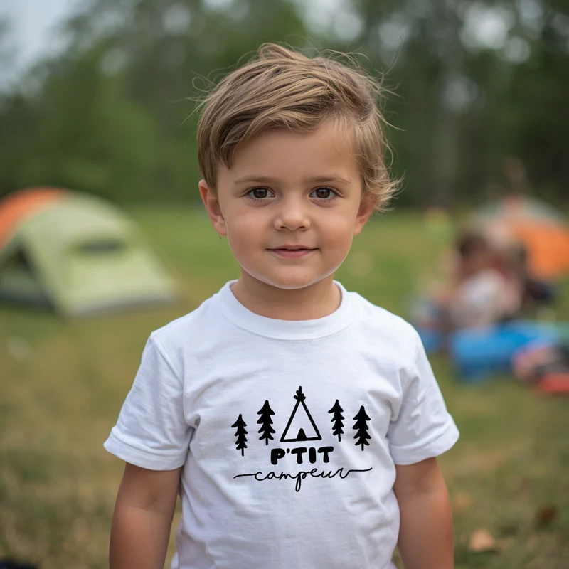 T-shirt - ENFANTS (gr. 2T à XL) - Col rond - P'tit campeur - Sapins et tipi - V7
