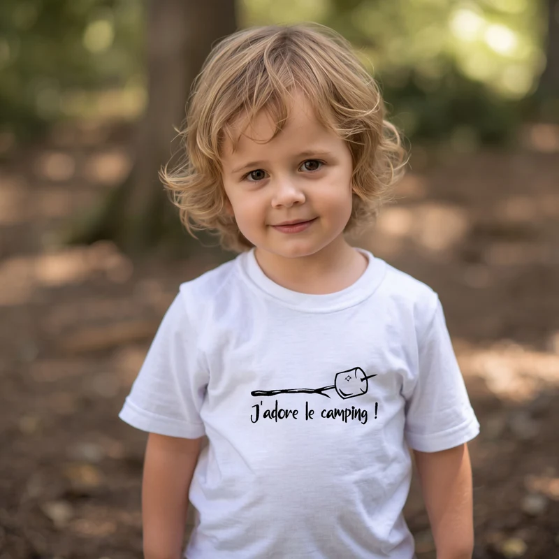 T-shirt - ENFANTS (gr. 2T à XL) - Col rond - J'adore le camping - Guimauve - V6