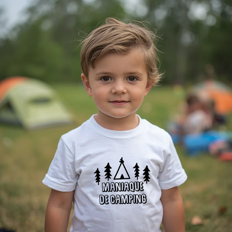 T-shirt - ENFANTS (gr. 2T à XL) - Col rond - Maniaque de camping - Sapins et tipi - V5