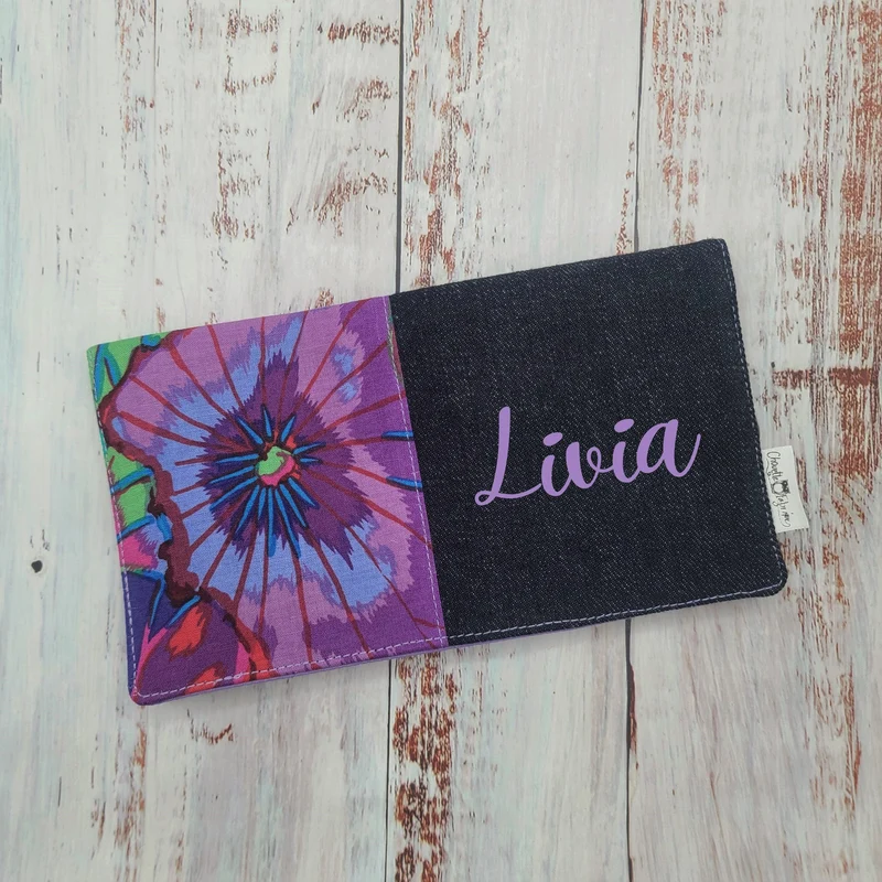 Protège-carnet de santé - Vaccination - Personnalisé - Fleurs Turquoise/Violet