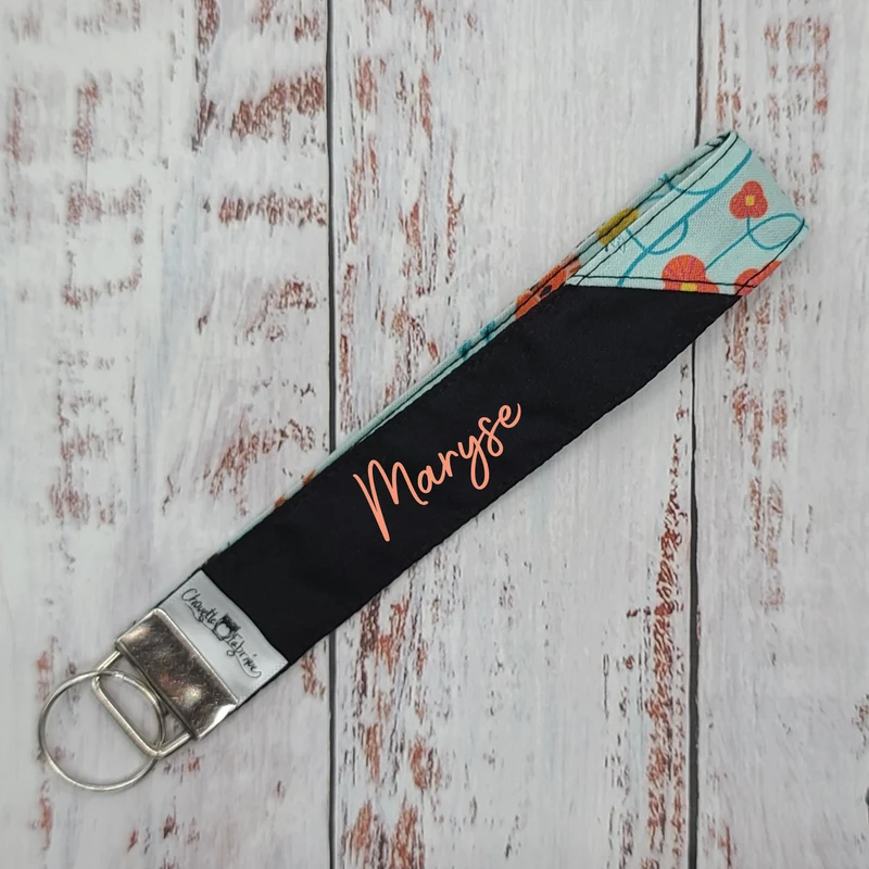 Porte-clé - PERSONNALISÉ - Dragonne - Poignet - Fleurs sur tiges & Abeilles - Bande noire