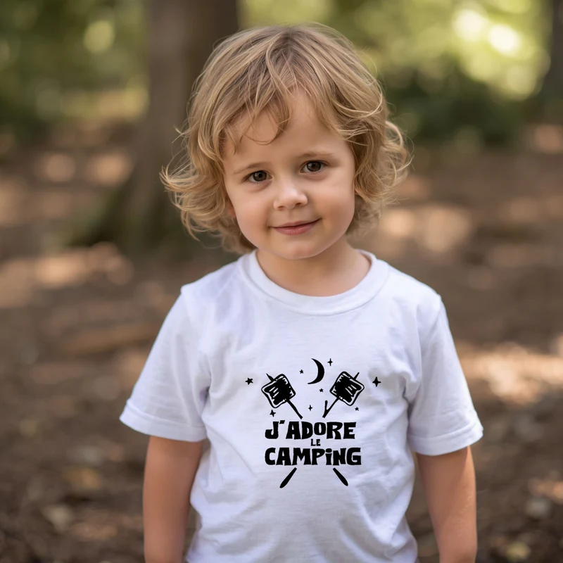 T-shirt - ENFANTS (gr. 2T à XL) - Col rond - J'adore le camping - Guimauves et lune - V2