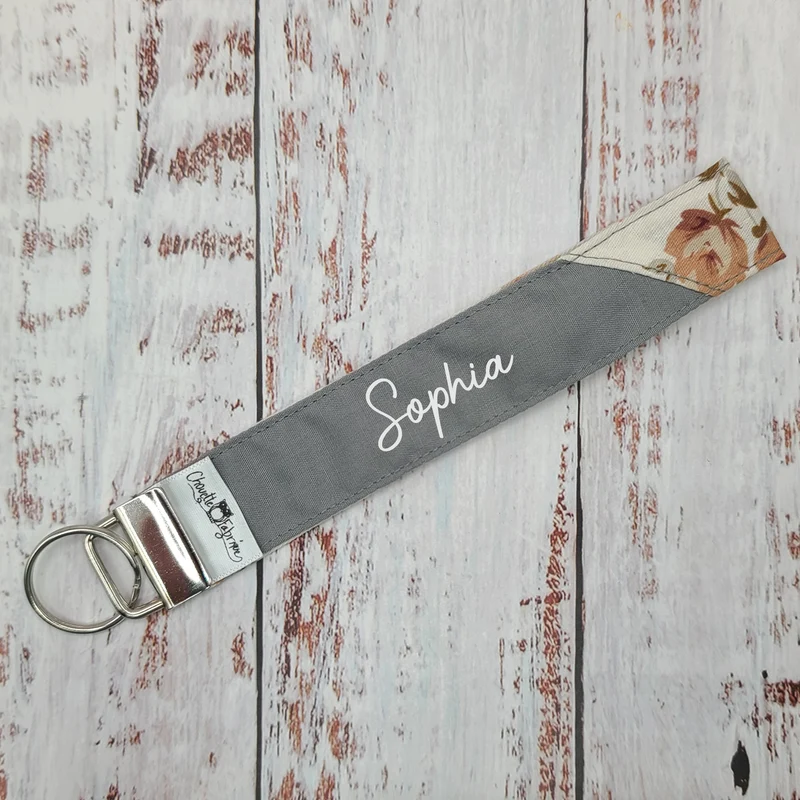 Porte-clé - PERSONNALISÉ - Dragonne - Poignet - Fleurs vieux rose, corail sur fond crème - Bande grise