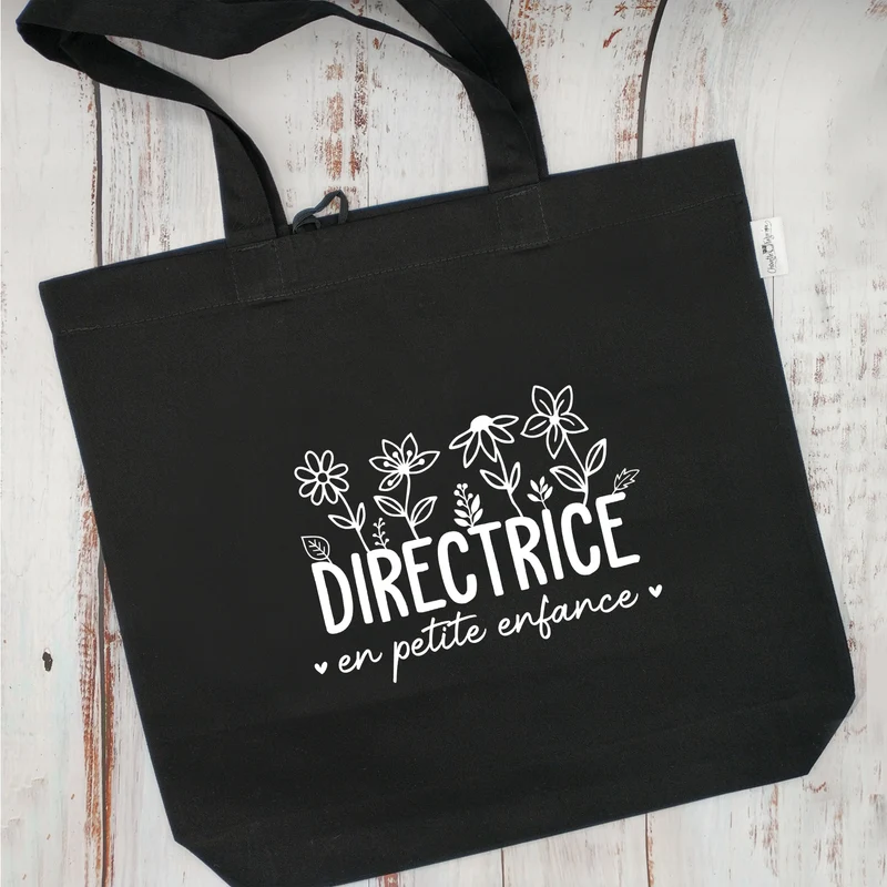 (CHOIX COULEURS) Sac d'épicerie / Sac fourre-tout réutilisable et lavable - DIRECTRICE EN PETITE ENFANCE - (Qui se roule pour le rangement) V1