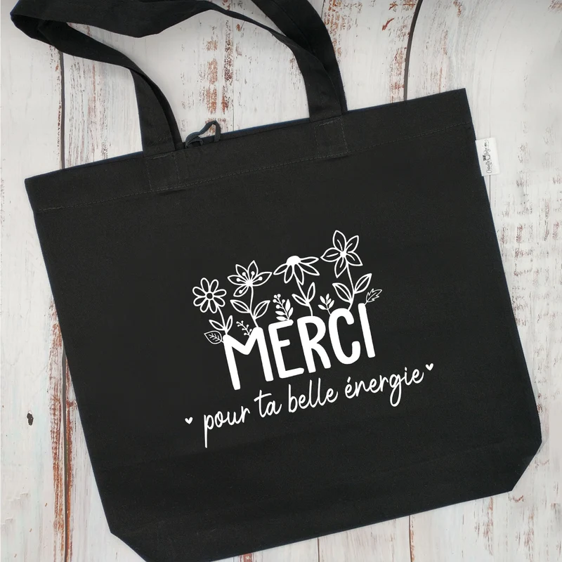 (CHOIX COULEURS) Sac d'épicerie / Sac fourre-tout réutilisable et lavable - MERCI pour ta belle énergie - (Qui se roule pour le rangement)