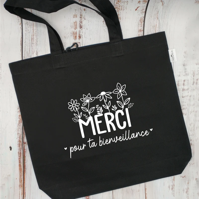 (CHOIX COULEURS) Sac d'épicerie / Sac fourre-tout réutilisable et lavable - MERCI pour ta bienveillance - (Qui se roule pour le rangement)