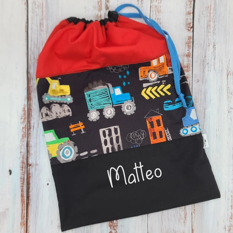 Sac de sport ou à souliers - Personnalisé - Véhicules - Camions de chantier (COULEURS) - Haut rouge