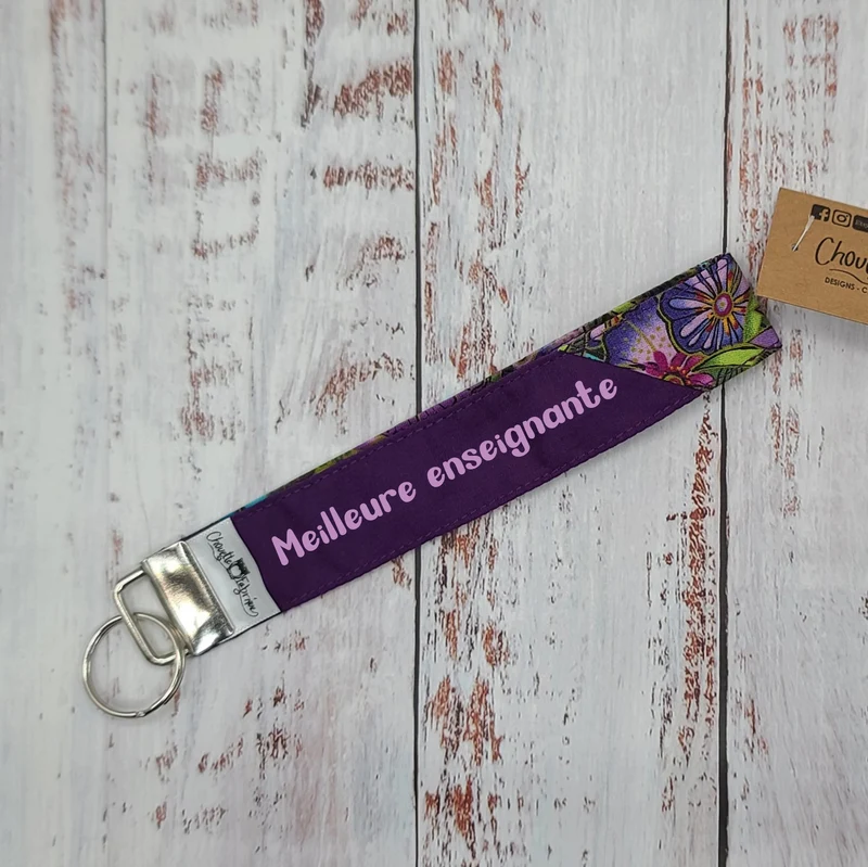 Porte-clé - PERSONNALISÉ - Dragonne - Poignet - Fleurs turquoise/violet - Bande violet