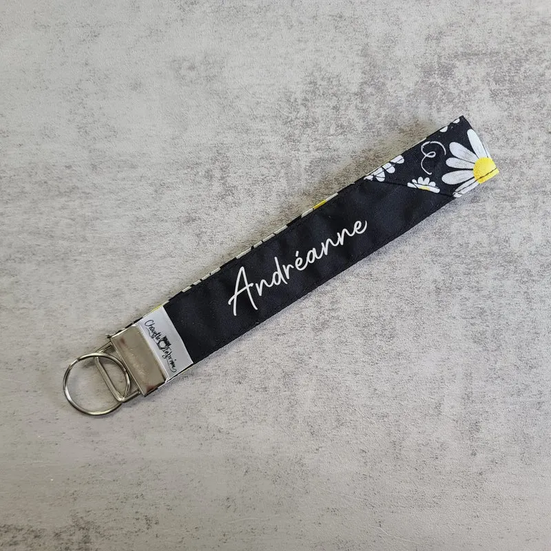 Porte-clé - PERSONNALISÉ - Dragonne - Poignet - Marguerites - Bande noire