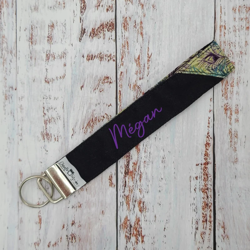 Porte-clé - PERSONNALISÉ - Dragonne - Poignet - Plumes Paon - Bande noire