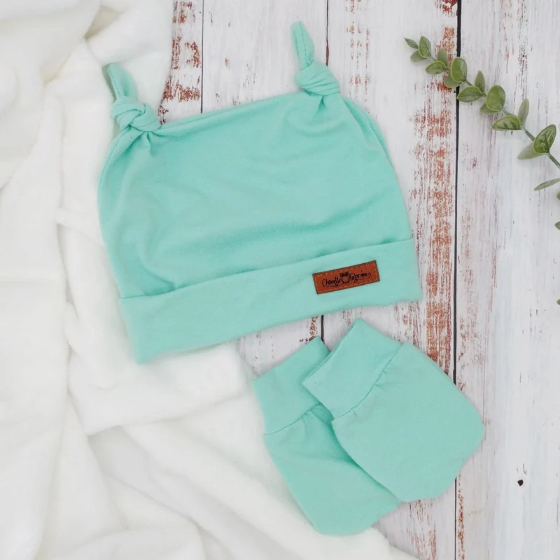 Ensemble de naissance pour bébé - Tuque (2 nœuds) et mitaines pour nouveau-né ou 0-3 mois - Menthe