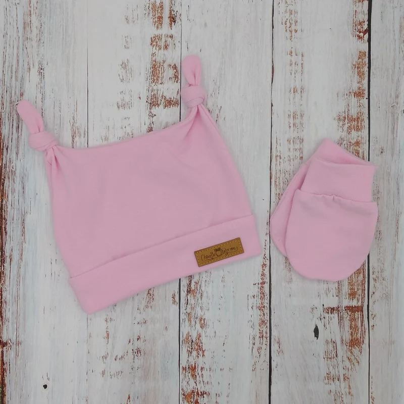 Ensemble de naissance pour bébé - Tuque (2 nœuds) et mitaines pour nouveau-né ou 0-3 mois - Rose