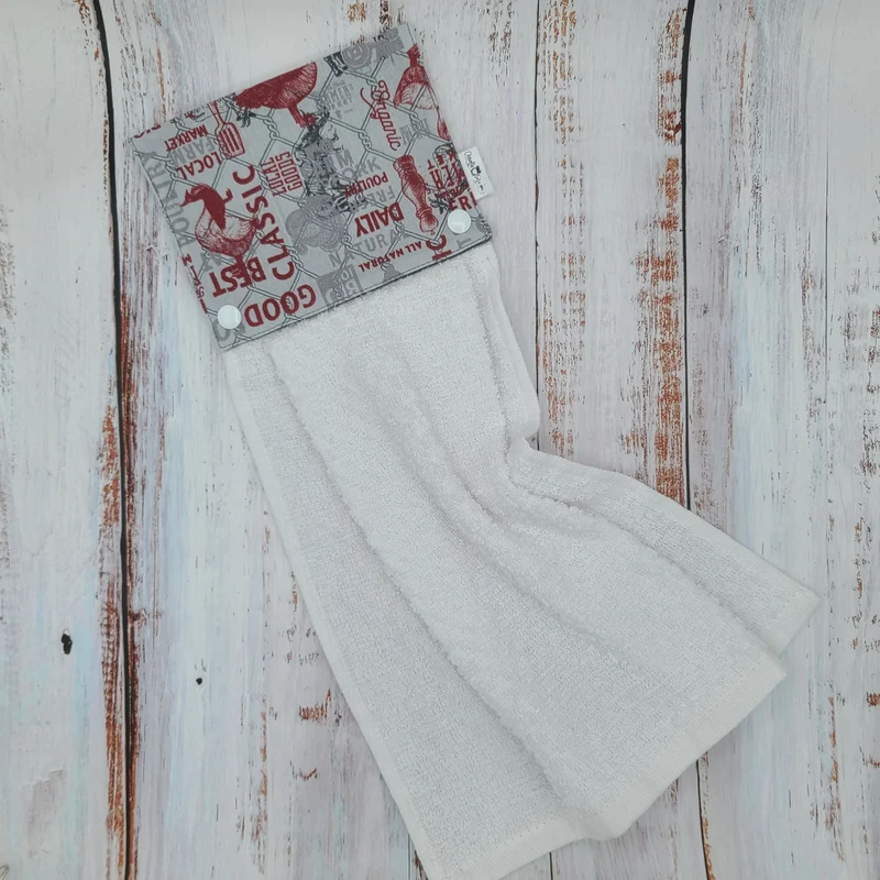 Essuie-mains - Serviette à mains - Cuisine/VR(Camping) - Serviette blanche - Agricole - Marché Local - Rouge et grise
