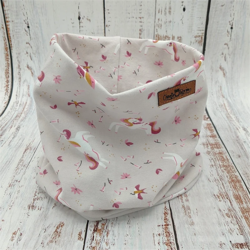 ENFANT - Cache-Cou (JERSEY) Printemps/Automne – Licornes sur fond gris/taupe