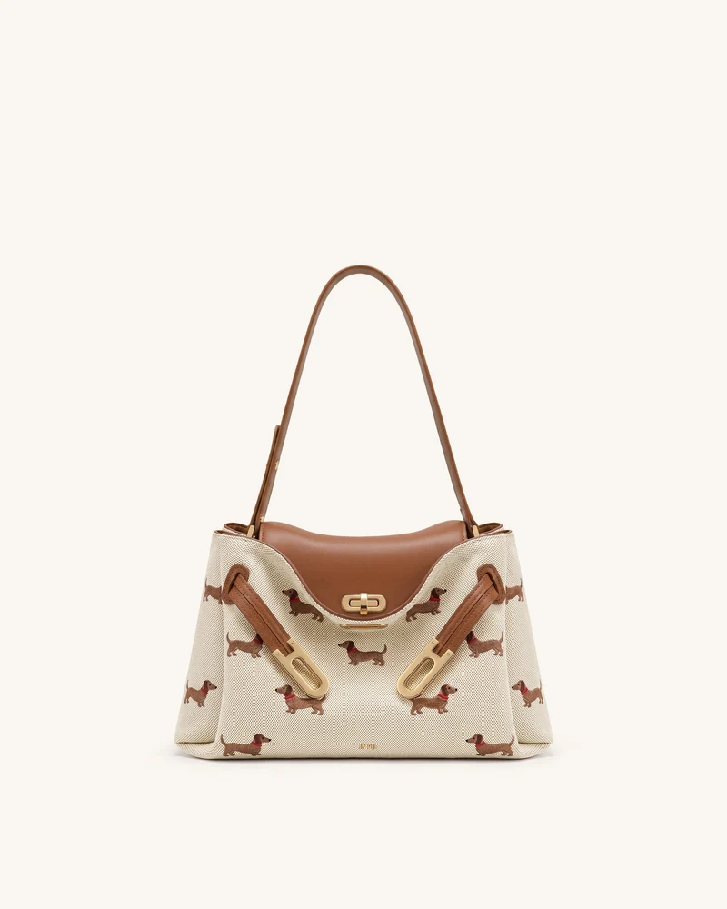 Rhea Sac à bandoulière à double boucle brodé teckel - Toile marron