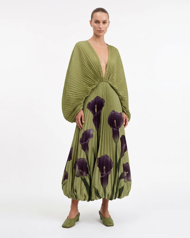 Calla Robe longue plissée à ourlet ballon Lily - Vert olive