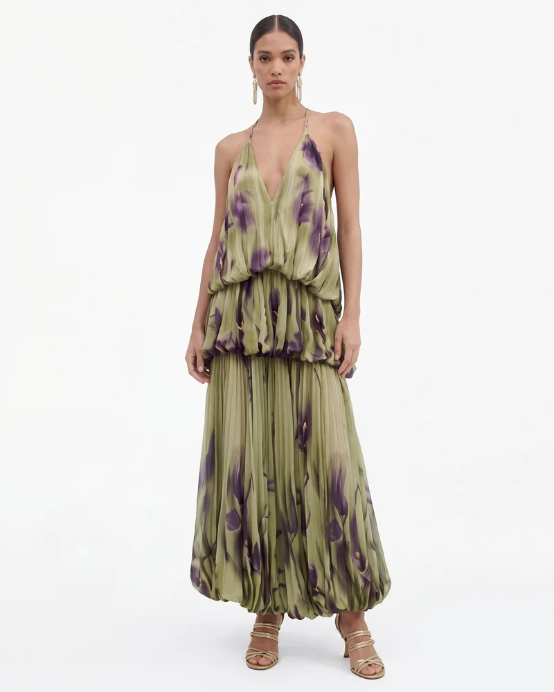 Robe longue à imprimé floral, décolleté plongeant et ourlet ballon à étages - Vert olive