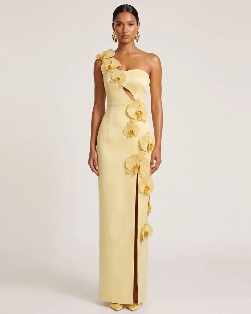 Robe longue à découpes et ornements orchidée - Jaune clair