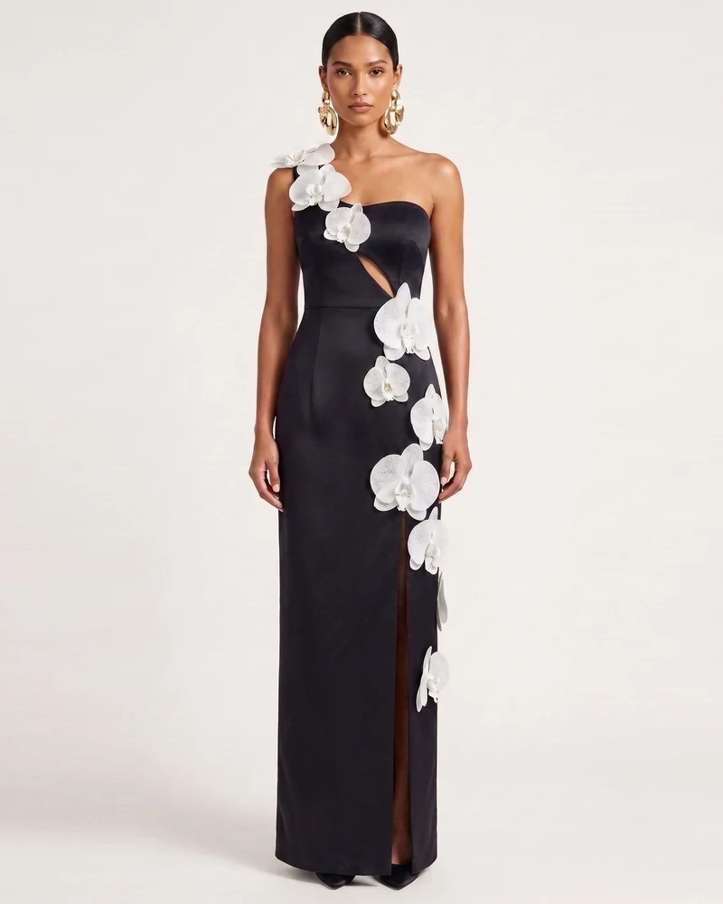 Robe longue à découpes et ornements orchidée - Noir