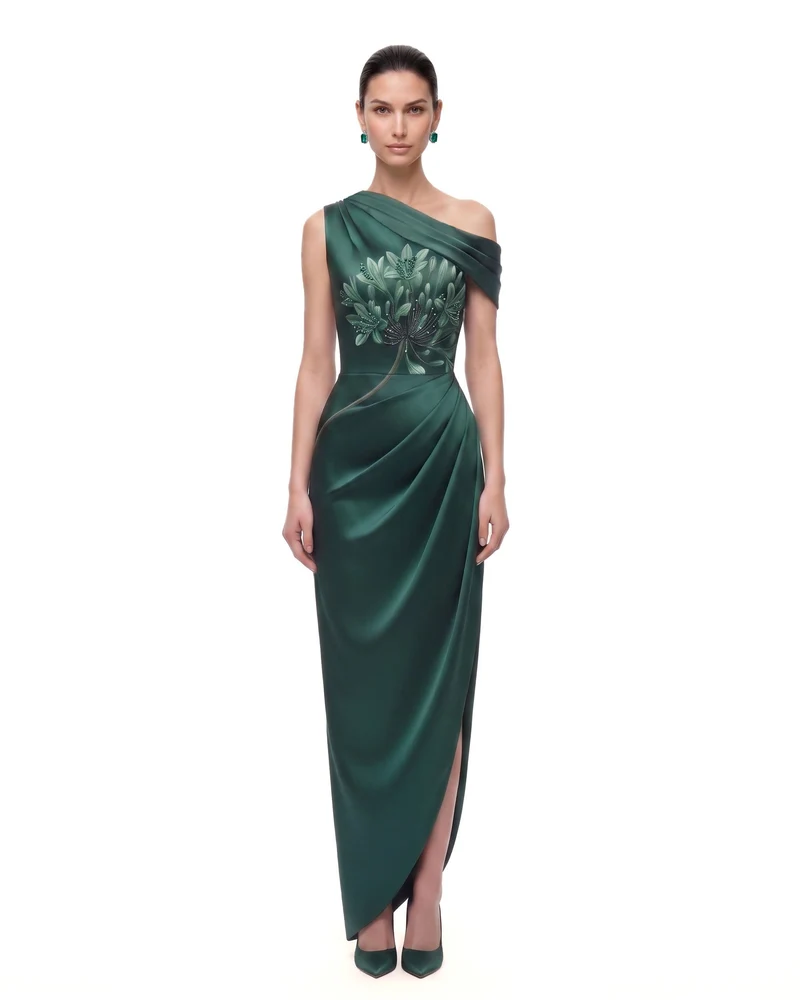 Robe longue asymétrique à fleurs drapée avec fente - Vert émeraude