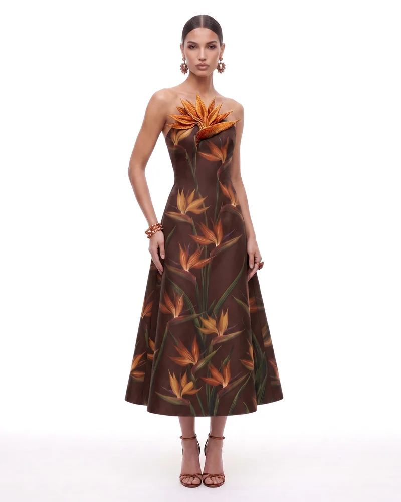Robe midi trapèze bustier à appliqué oiseau de paradis - Marron